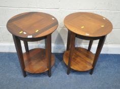 WILLIS AND GAMBIER, A PAIR OF CHERRY WOOD CIRCULAR SIDE TABLES, raised on tapered legs, united by an