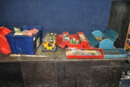 TWO TOOLBOXES AND A BOX CONTAINING TOOLS including spanners, box spanners, mallets, hammers, saws, a