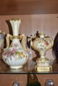 TWO ROYAL WORCESTER BLUSH IVORY VASES, comprising a covered pedestal vase with twin angular