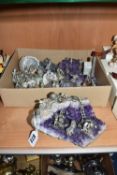 A BOX AND LOOSE AMETHYST, GEODE, AND MINERAL DIORAMAS comprising assorted mineral and stone