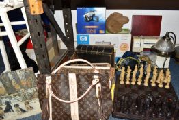 ONE BOX AND LOOSE MISCELLANEOUS ITEMS to include a large chessboard with Chinese resin style