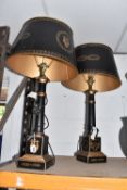 A PAIR OF COACH HOUSE EMPIRE-STYLE TABLE LAMPS decorated with gilt neo-classical motifs to include