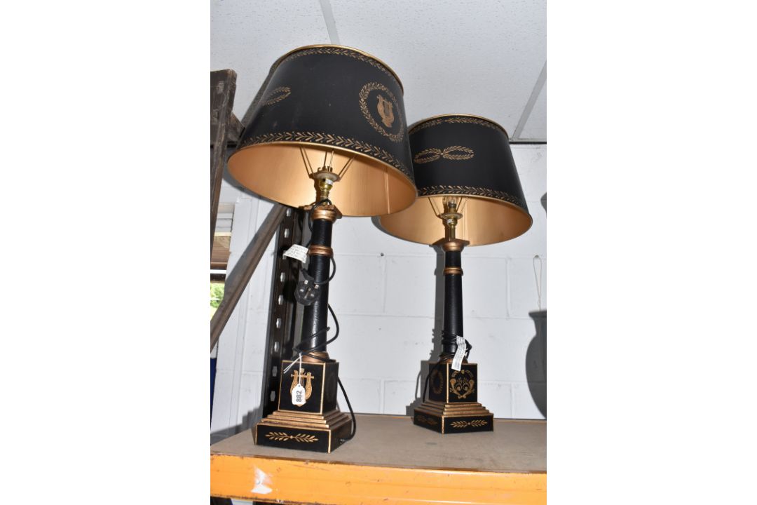 A PAIR OF COACH HOUSE EMPIRE-STYLE TABLE LAMPS decorated with gilt neo-classical motifs to include - Image 1 of 8