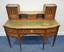 AN EDWARDIAN MAHOGANY DESK, fitted with two doors, with marquetry inlay depicting a girl in a dress,