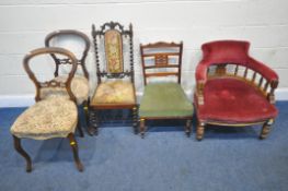 FIVE CHAIRS, varying in shape, size, style, timber, age, etc, armchair width 66cm x depth 68cm x