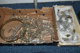 TWO BOXES OF CRYSTAL CHANDELIER ARMS AND DROPLETS, to include a quantity of Victorian gas light