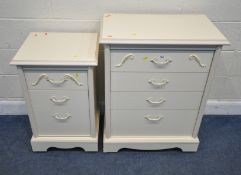 A CREAM CHEST OF FOUR DRAWERS, width 72cm x depth 43cm x height 92cm, along with a matching three