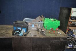 TWO TRAYS CONTAINING TOOLS including an Erbauer jigsaw (PAT pass and working), saws, hammers, two
