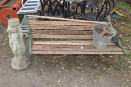 A DISTRESSED CAST IRON AND WOODEN SLATTED GARDEN BENCH, width 126cm (needs new slats), a concrete