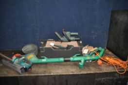 A TRAY CONTAINING GARDEN POWER TOOLS including a Black and Decker strimmer, a Black and Decker