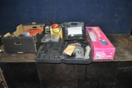 A TRAY CONTAINING POWER TOOLS, including a Black and Decker Mouse sander, a Workshop Pro