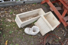 THREE MODERN CONCRETE GARDEN ORNAMENTS, including a square planter with receded facets 46cm