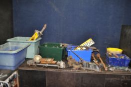 FIVE BOXES AND A TUB CONTAINING VINTAGE CAR PARTS, including a three port exhaust manifold, a four