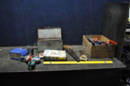 A METAL TOOLBOX AND A WOODEN WINE BOX CONTAINING TOOLS including Surforms, saws, hammers,