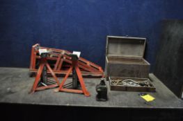 A PAIR OF CAR RAMPS, a pair of axle stands, a Lake and Elliott bottle jack (no handle) and a