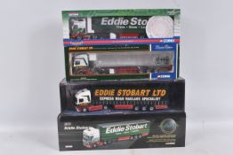 THREE BOXED AND ONE ENCASED 1:50 SCALE CORGI EDDIE STOBART DIECAST MODEL HAULAGE TRUCKS, to