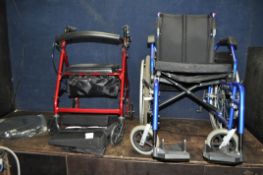 AN ANGEL MOBILITY WHEELCHAIR, with cushions and two footrests, along with a Care Co Rollator, a