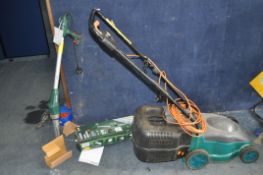 A POWER BASE ELECTRIC LAWN MOWER, with grassbox, a Parkside weeder burner with original box and some