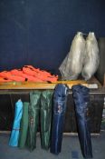 A COLLECTION OF LEISURE EQUIPMENT, including two pair of vintage oars, four Crewsaver life