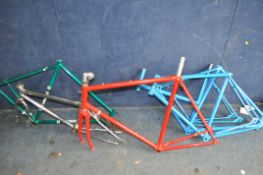 A COLLECTION OF BIKE FRAMES AND WHEELS, including Imperial Petrel, Raleigh, Lynx, Marlboro frames,