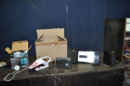 A BOX CONTAINING HOUSEHOLD ELECTRICALS, including a Silvercrest Hi Fi with matching speakers and