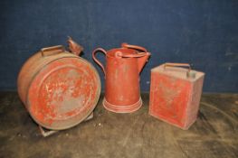 THREE VINTAGE FUEL AND FLUID CANS, including a 2 Gallon jug, a rectangular fuel can with brass