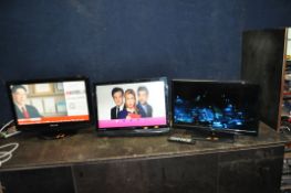 A SEIKI 24in TV/DVD WITH REMOTE, an Akura 24in TV (no remote) and a Technika 22in TV/DVD (no