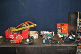 A COLLECTION OF POWER TOOLS AND A TRAY OF HAND TOOLS, including Black and Decker Scorpion saw and
