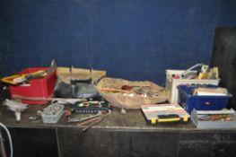 THREE TRAYS AND TWO TOOL BAGS CONTAINING TOOLS, including a pipe bender, micro gas torch,