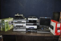 A COLLECTION OF HOUSEHOLD ELECTRICAL ITEMS, including a n Epson and a Canon printer, VHS players, by