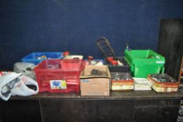 A COLLECTION OF VINTAGE BICYCLE PARTS, including peddles, steering and seat stems, lights, inner