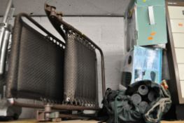 A FOLDING SUN LOUNGER, along with three folding camping chairs, two intex inflatable beds, and a