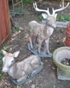 A SET OF TWO GARDEN STATUES, of deer's with interchangeable ears / antlers, one is standing, the