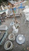 A SELECTION OF GARDEN ORNAMENTS, to include a composite sun dial, of a tapered form, on a stepped