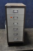 A BISLEY METAL SIX DRAWER FILING CABINET, width 28cm x depth 43cm x height 67cm, condition report: