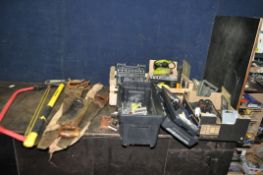 A TOOLBOX AND TWO TRAYS CONTAINING TOOLS, including a Skil drill, a Guild sander (both PAT pass