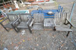 A STAINED TEAK TWIN SEAT TABLE GARDEN BENCH, , width 55cm x depth 65cm x height 80cm, along with a