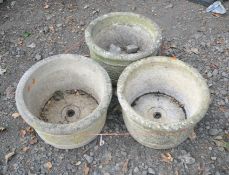 THREE STONE CIRCULAR PLANTERS, two reading Stanford stone, largest diameter 45cm x height 30cm,