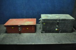 TWO PAINTED PINE TOOL BOXES, containing an arrangement of tools, such as hammers, mallets, files,