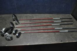 A FIVE PIECE PING k15 GOLF SET, to include a 10.4 driver, two woods, and two Hybrids, condition
