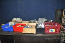 EIGHT BOXES AND TWO BUCKETS CONTAINING VINTAGE BICYCLE PARTS, including front sprockets some with