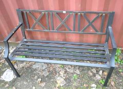 A BLACK PAINTED TUBULAR METAL GARDEN BENCH, with open armrests, width 128cm x depth 60cm x height