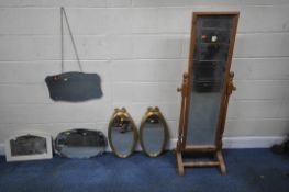 A MODERN PINE BEVELLED EDGE CHEVAL MIRROR, height 149cm, a pair of gilt resin wall mirrors, two