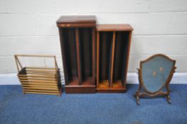 TWO SMALL CD RACKS, width 36cm x depth 21cm x height 82cm, a magazine rack, and a shield dressing