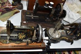 THREE SEWING MACHINES, comprising a cased Naumann sewing machine, a Jones cast iron, swan necked '
