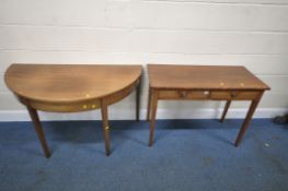 A 20TH CENTURY MAHOGANY DEMI-LUNE SIDE TABLE, raised on square tapered legs, width 122cm x depth