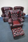 A SET OF THREE CHESTERFIELD STYLE BUTTONED WING BACK ARMCHAIRS, width 95cm x depth 88cm x height