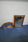 A MODERN PINE RECTANGULAR BEVELLED EDGE WALL MIRROR, along with a triple dressing mirror,
