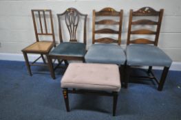 A PAIR OF LADDERBACK CHAIRS, a splat back chair, a cane seated chair, and a stool, condition report:
