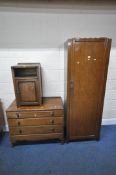 A 20TH CENTURY OAK SINGLE DOOR WARDROBE, width 63cm x depth 46cm x height 189cm, a chest of three